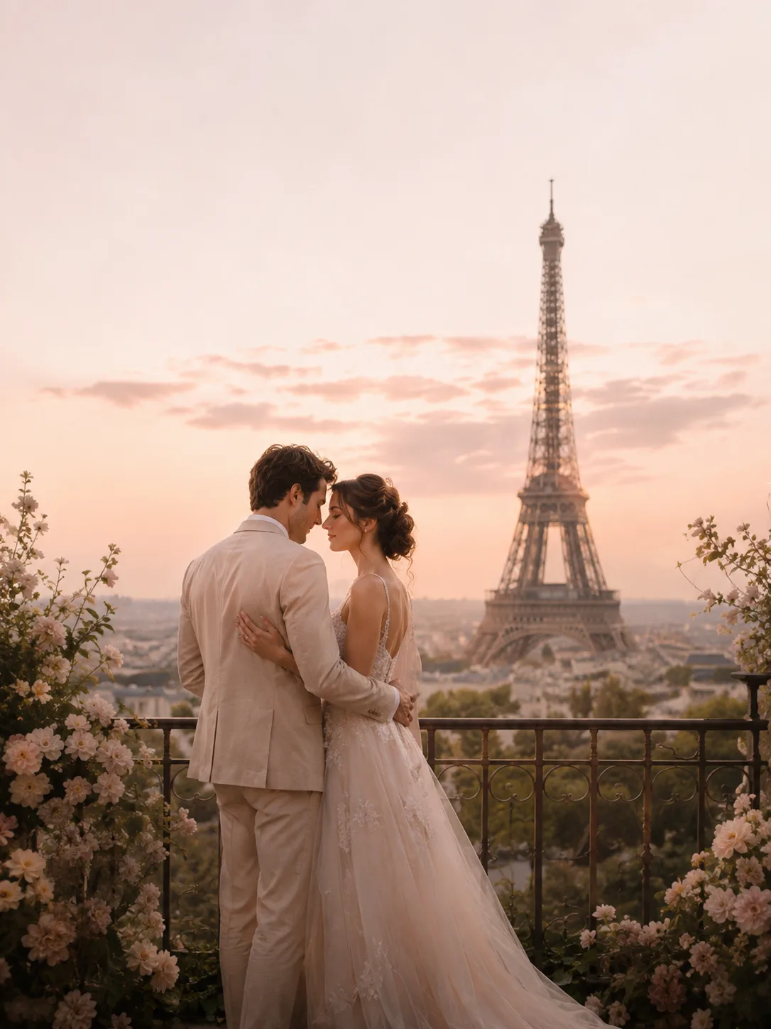 Élise et Marc enlacés dans une lumière douce à Paris